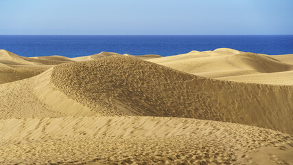 Golden sand dune desert next to the blue sea on the Canary Island of Gran Canaria, Spain. Europe