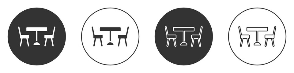 Black Picnic table with chairs on either side of the table icon isolated on white background. Circle button. Vector.