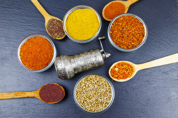 Set of different aromatic spices and spice mill on black slate. Top view