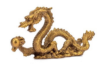 Bronze sculpture dragon holding pearl isolated on white background. Chinese symbol prosperity, wealth, good luck. Feng Shui. Side view