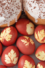 Orthodox Easter. Easter cakes and colored eggs. Traditional Kulich, Paska Easter Bread. Top view. Closeup