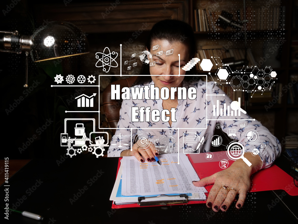 Wall mural business concept about hawthorne effect with woman checking agreement document on background.