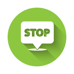 White Protest icon isolated with long shadow. Meeting, protester, picket, speech, banner, protest placard, petition, leader, leaflet. Green circle button. Vector.