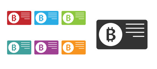 Black Credit card with bitcoin icon isolated on white background. Online payment. Cash withdrawal. Modern method of payment. Set icons colorful. Vector.