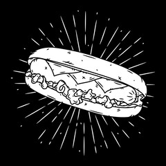 Hand drawn vector illustration with hot dog and divergent rays. Used for poster, banner, web, t-shirt print, bag print, badges, flyer, logo design and more.