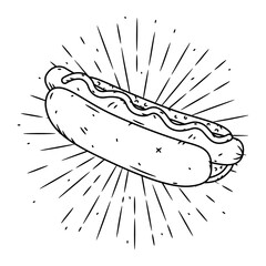 Hand drawn vector illustration with hot dog and divergent rays. Used for poster, banner, web, t-shirt print, bag print, badges, flyer, logo design and more.