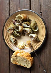 Fresh sea snails bulot or common whelks prepared according to a traditional French recipe in a plate and a piece of bread on a dark wooden table, top view