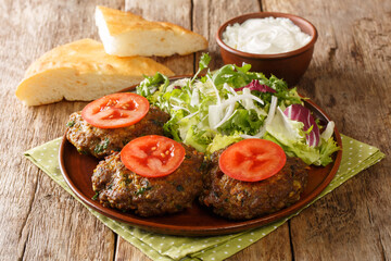 Delicious Indian food Chapli Kebab lamb patties with fresh vegetables close up in a plate on the...