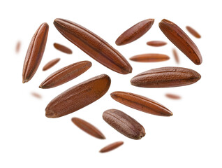 Raw brown rice in the shape of a heart on a white background