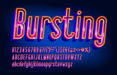 Bursting alphabet font. 3D effect bright letters, numbers and punctuations. Uppercase and lowercase. Retro-futuristic vector typescript for your typography design.
