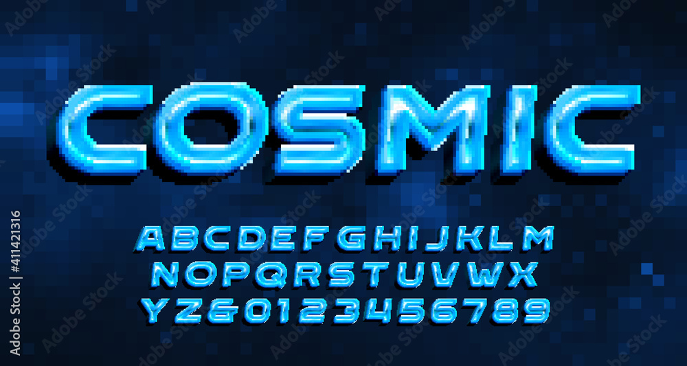 Poster cosmic alphabet font. digital 3d letters and numbers. pixel background. 80s arcade video game typesc