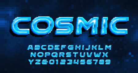 Cosmic alphabet font. Digital 3D letters and numbers. Pixel background. 80s arcade video game typescript.