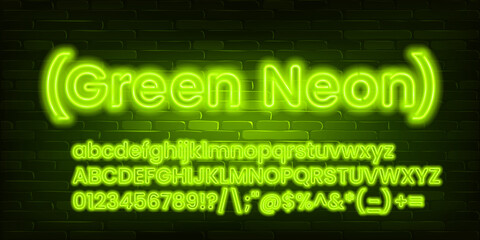 Green Neon alphabet font. Neon light bold letters, numbers and symbols. Uppercase and lowercase. Stock vector typescript for your design.