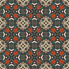 Seamless abstract ornament with madalions in medieval style. Moroccan, portuguese, tinisian motifs. Wallpaper, print for fabric, cover, ceramic tile.