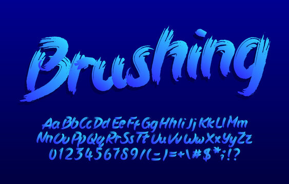 Brushing alphabet font. Brush stroke letters, numbers and symbols. Uppercase and lowercase. Hand written vector typeface for your design.