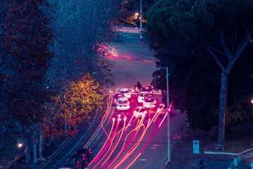 Cool long exposure cars traffic light trails view from above the city of Rome