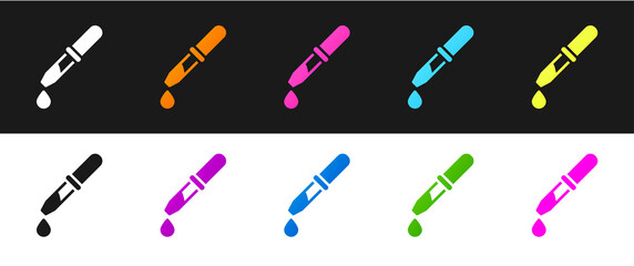 Set Pipette icon isolated on black and white background. Element of medical, chemistry lab equipment. Pipette with drop. Medicine symbol. Vector.