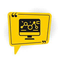 Black Genetic engineering modification on laptop icon isolated on white background. DNA analysis, genetics testing, cloning. Yellow speech bubble symbol. Vector.