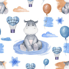 Seamless pattern with cute hippos sitting in the pond. Hand-drawn watercolor illustration in blue and beige color. Great for baby clothes, textiles, books, notebooks, postcards, paper, wallpaper, etc
