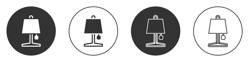 Black Table lamp icon isolated on white background. Circle button. Vector.