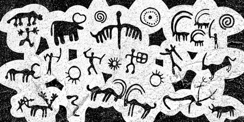 Panel on the ethnic theme. A series of petroglyphs, rock paintings. Vector design.