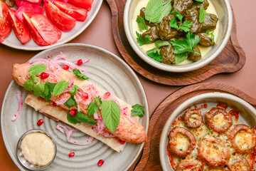 Assortment of georgian food, flat lay. Top view on traditional georgian cuisine close up.