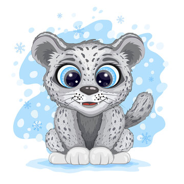 Cute cartoon tiger on a background of snowflakes and snow fog. Bright illustration on a winter theme. Positive and unique design. 