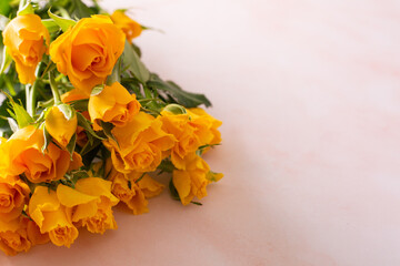 Bouquet of blooming yellow roses on pink marble background.