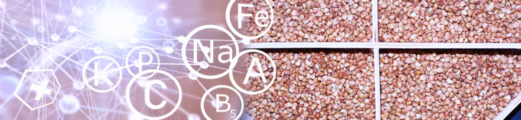 A set of grain cereals. Rice, buckwheat and millet groats in a wooden tray. A grocery set of cereals. Import of grain.