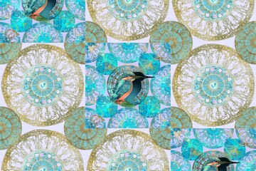 Pattern illustration of kingfisher on wallpaper of art nouveau decorations	
