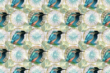 Pattern illustration of kingfisher on wallpaper of art nouveau decorations 