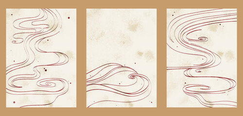 Japanese vintage style creative aesthetic posters. A4 vertical illustrations. Set of three backgrounds with watercolor texture and thin lines, traditional pattern, dots, waves, curls.