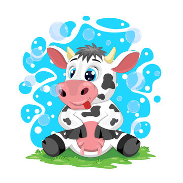 Cute cartoon cow sitting on a green meadow with soap bubbles flying around. Positive and unique design. 