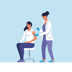 Coronavirus vaccination. Woman getting vaccinated against Covid-19 in hospital. Doctor giving Corona virus vaccine injection injecting patient. Vector illustration.