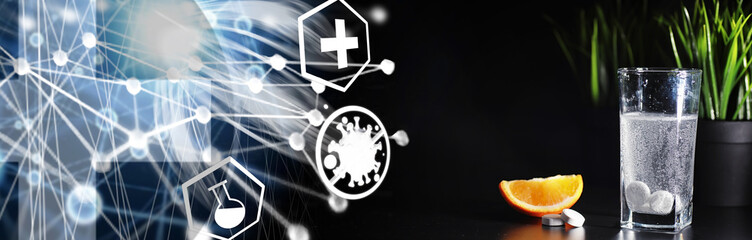 Composition from Bottles of cough syrup.Healthcare, medicine, flu and treatment concept - paper wipes and thermometer with pills.