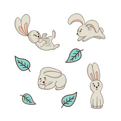 Easter bunny set with leaves. Cute colorful hand drawn flat cartoon design elements. Vector illustration isolated on white background