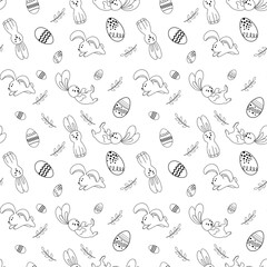 Seamless pattern with monochrome hand draw Easter bunny and eggs. Multicolored vector illustration isolated on white background. Endless texture for holiday design