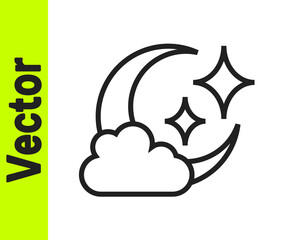 Black line Cloud with moon icon isolated on white background. Cloudy night sign. Sleep dreams symbol. Night or bed time sign. Vector.