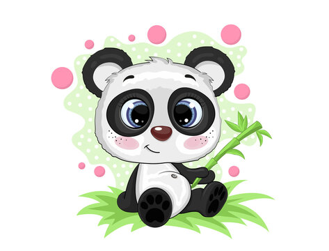 Cute cartoon panda sitting on the grass with bamboo branch. Colorful childrens illustrations. 