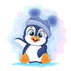 Cute cartoon penguin sitting on the snow surrounded by snowflakes. Positive and unique design.
