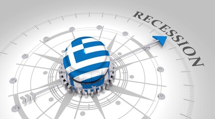 Business concept. Abstract compass points to the recession word. Flag of Greece. 3D rendering
