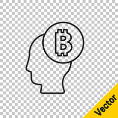 Black line Bitcoin think icon isolated on transparent background. Cryptocurrency head. Blockchain technology, digital money market, cryptocoin wallet. Vector.