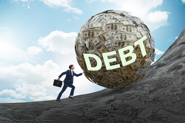 Businessman pushing dollar uphill in debt loan concept