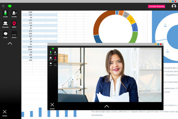 Fototapeta na wymiar Video conference. Internet meeting. Business webcast. Corporate telecommuting. Confident successful cheerful female leader discussing statistics review on charts graphs on screen.