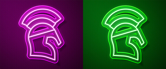 Glowing neon line Greek helmet icon isolated on purple and green background. Antiques helmet for head protection soldiers with a crest of feathers or horsehair. Vector.