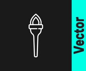 White line Torch flame icon isolated on black background. Symbol fire hot, flame power, flaming and heat. Vector.