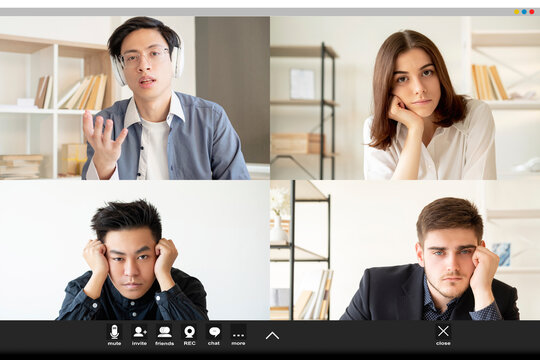 Online meeting. Group videocall. Corporate telework. Remote discussion wfh. Exhausted bored diverse multiethnic team listening to Asian male CEO speaking at digital office on screen.