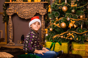 A boy wearing a Santa hat is decorating a Christmas tree.