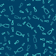 Green line Glass of champagne icon isolated seamless pattern on blue background. Vector.