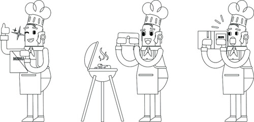 Continuous line drawing of chef with various poses